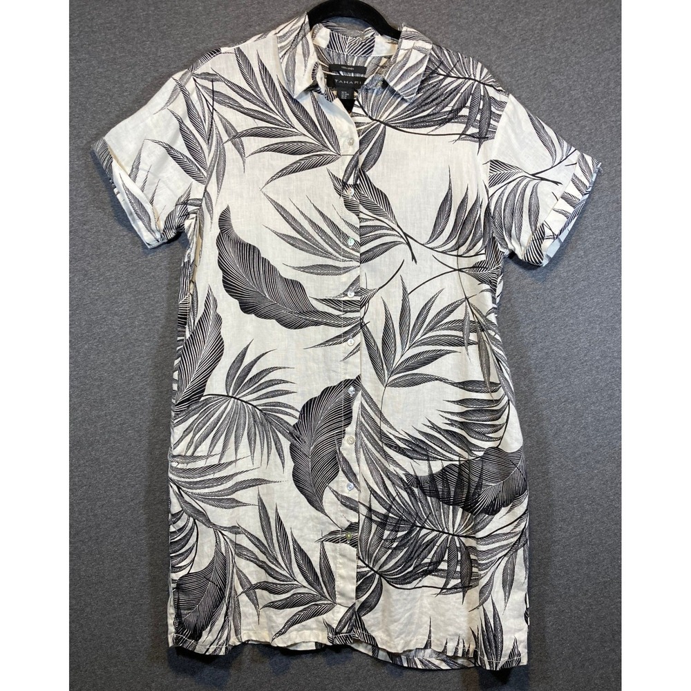 Tahari Womens White Black Linen Palm Leaf Print Short Sleeve Shirt Dress Size M